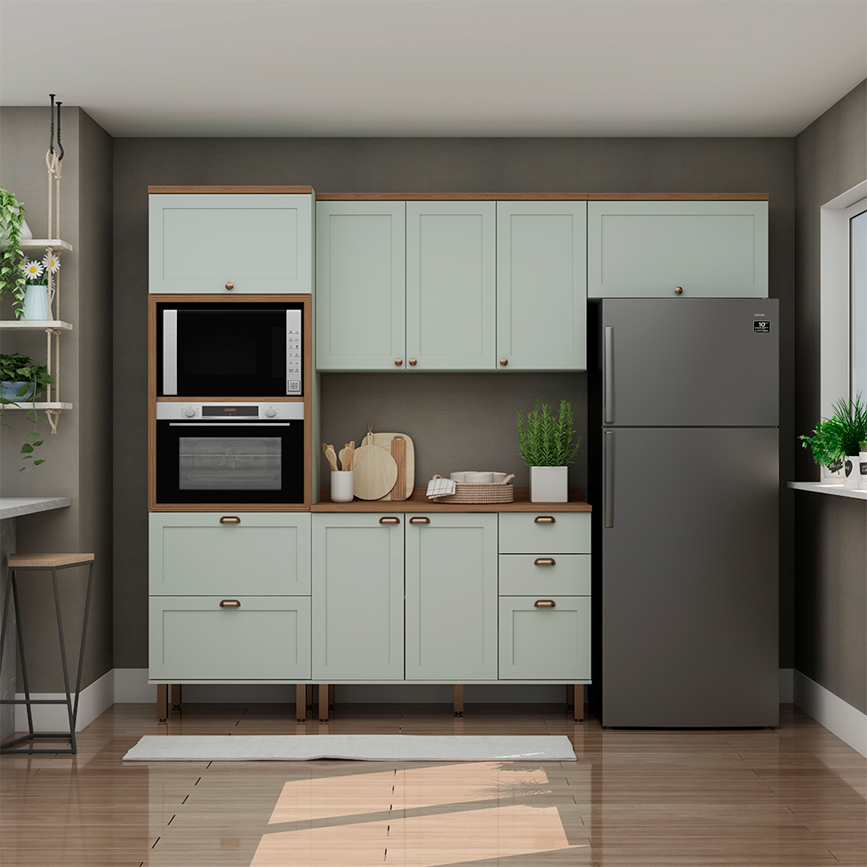 Cozinha Compacta Iluminata 8 Portas 4 Gavetas Verde Mint e Ébano