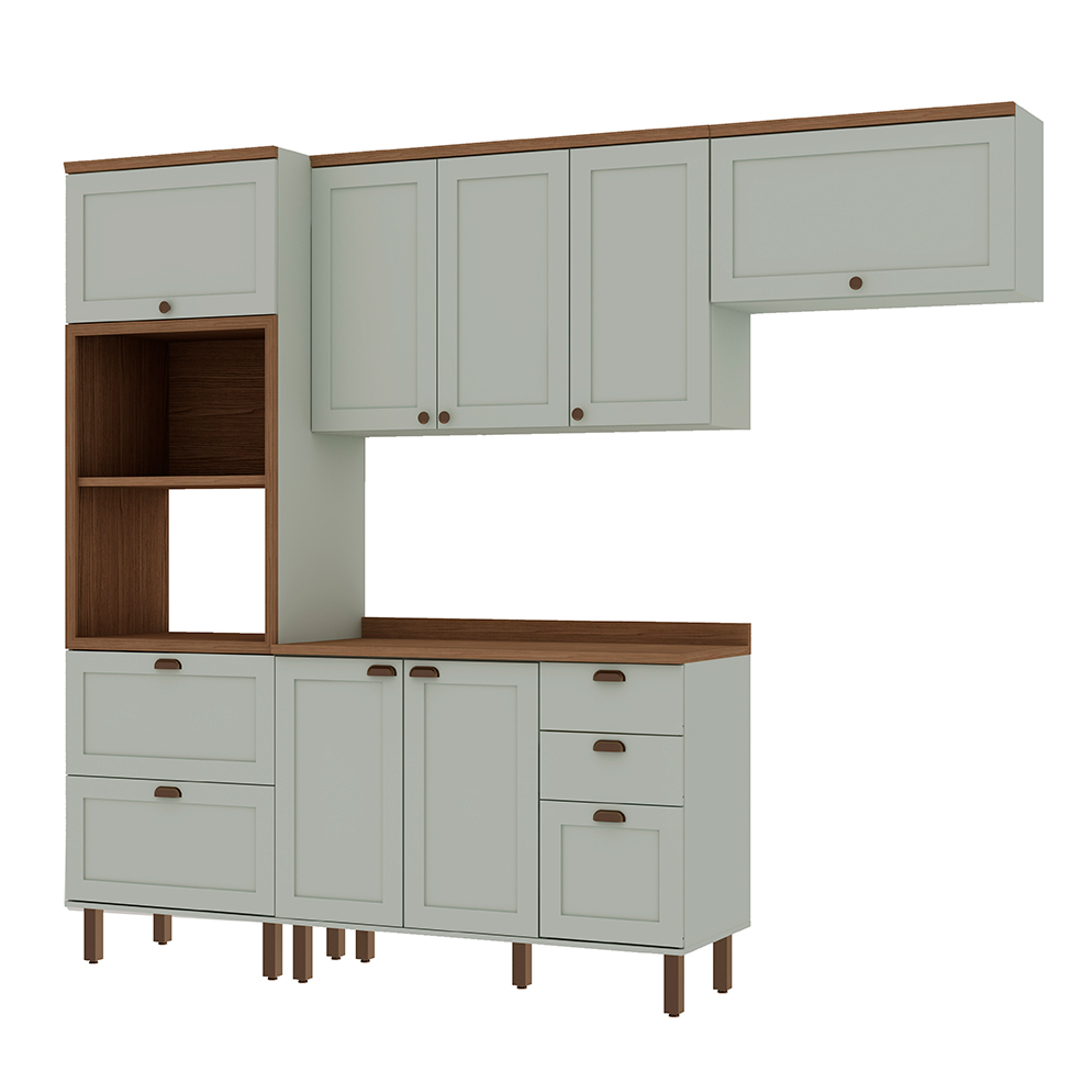 Cozinha Compacta Iluminata 8 Portas 4 Gavetas Verde Mint e Ébano