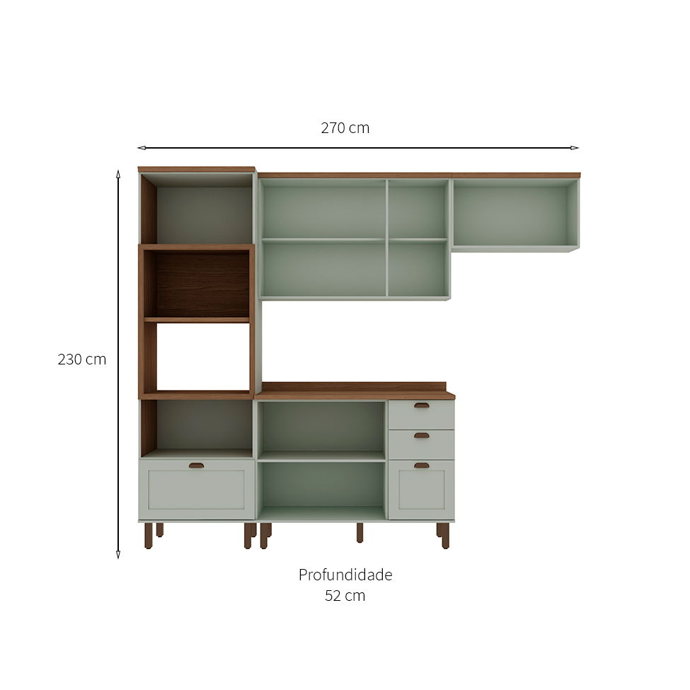 Cozinha Compacta Iluminata 8 Portas 4 Gavetas Verde Mint e Ébano