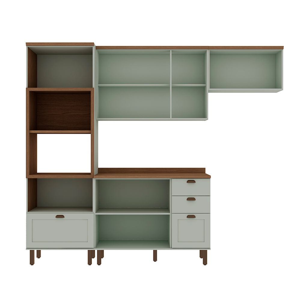 Cozinha Compacta Iluminata 8 Portas 4 Gavetas Verde Mint e Ébano