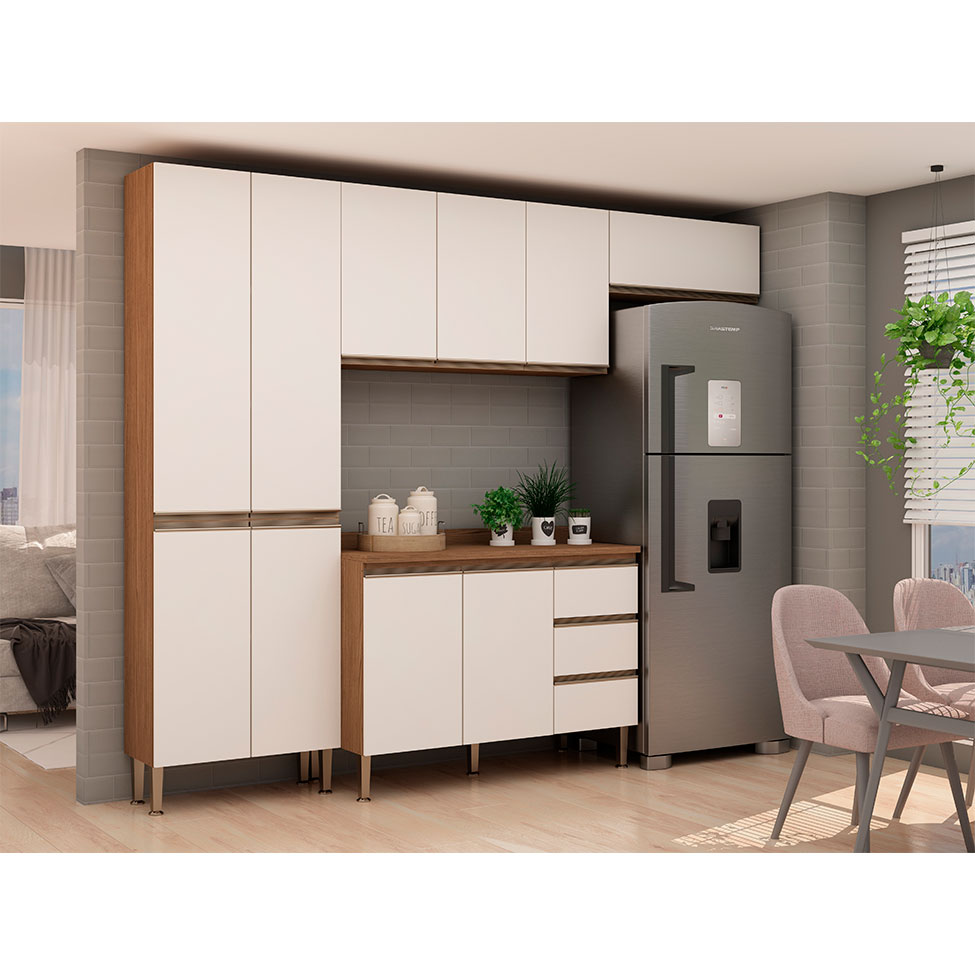Cozinha Compacta com Tampo Conecta 10 Portas 3 Gavetas Ébano e Off White