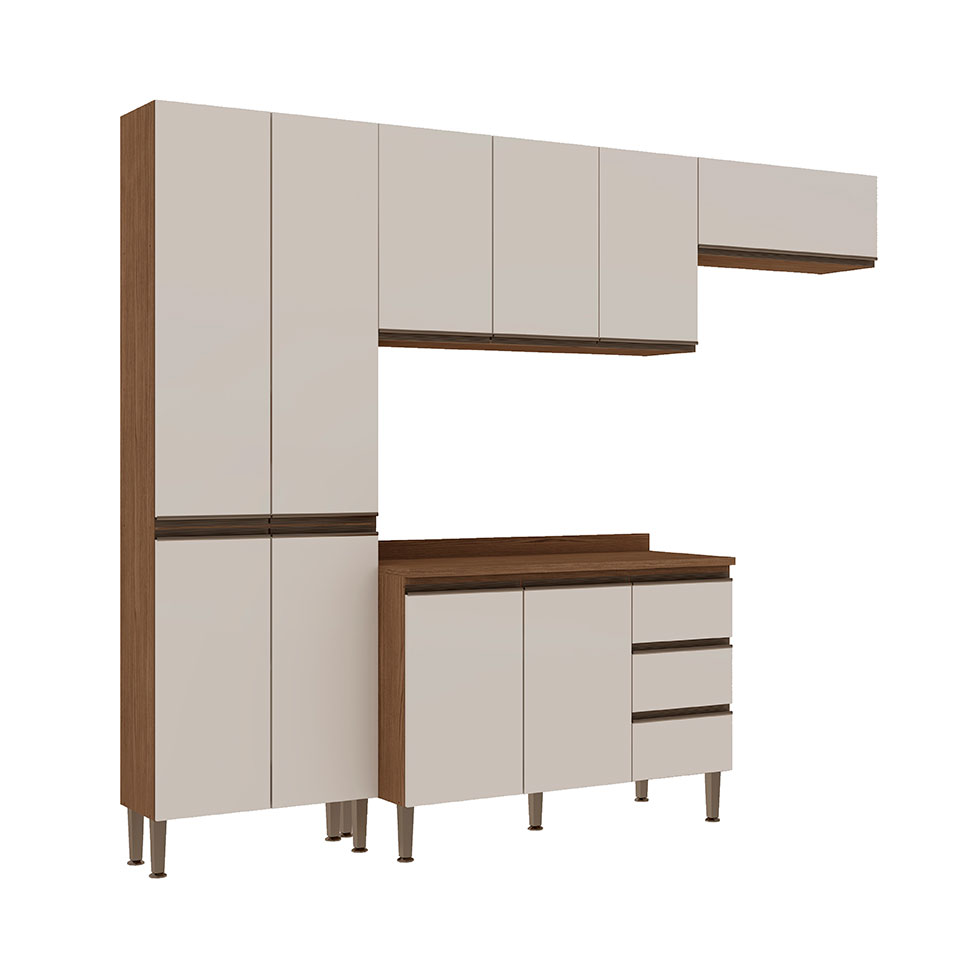Cozinha Compacta com Tampo Conecta 10 Portas 3 Gavetas Ébano e Off White