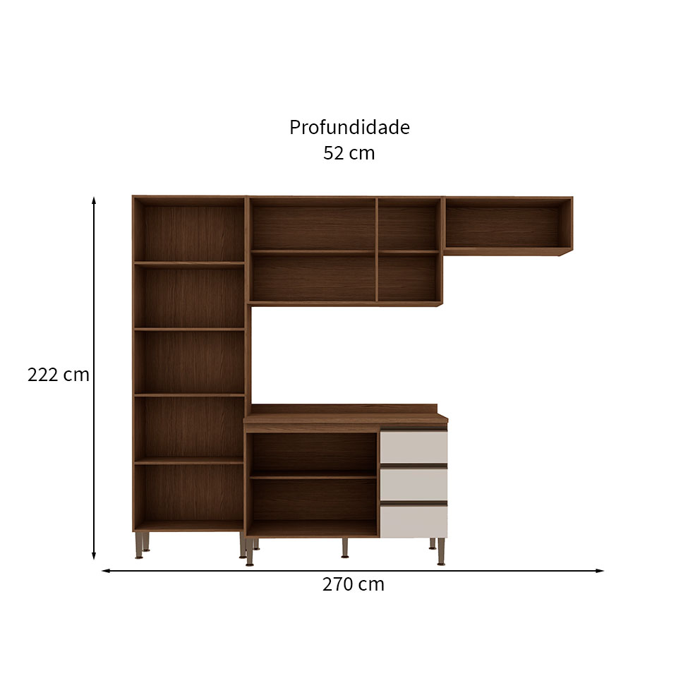 Cozinha Compacta com Tampo Conecta 10 Portas 3 Gavetas Ébano e Off White