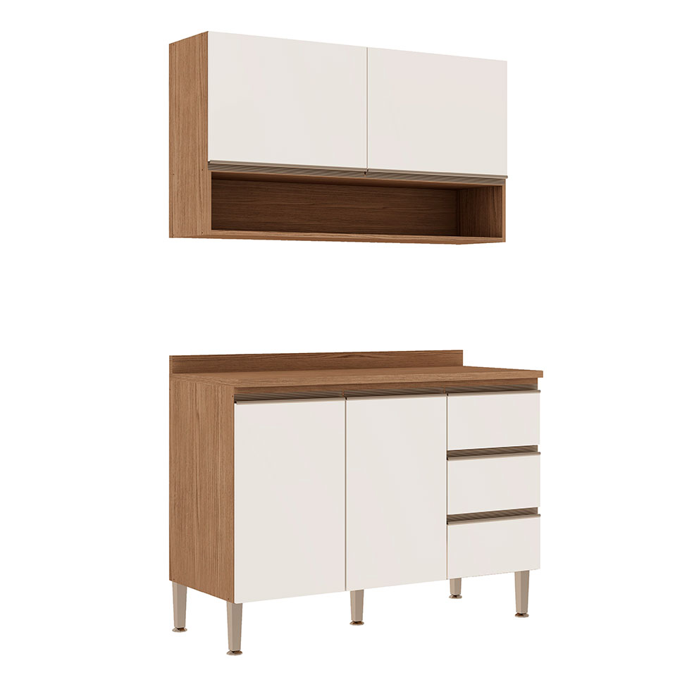 Cozinha Compacta com Tampo Conecta 4 Portas 3 Gavetas Ébano e Off White