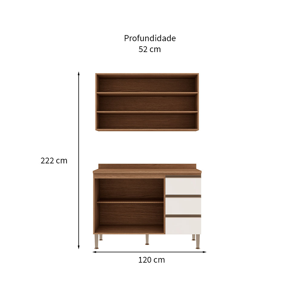 Cozinha Compacta com Tampo Conecta 4 Portas 3 Gavetas Ébano e Off White