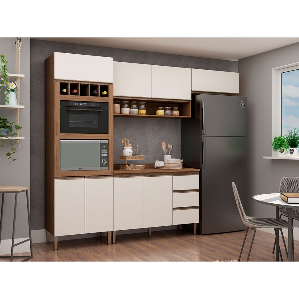 Cozinha Compacta com Tampo Conecta 8 Portas 3 Gavetas Ébano e Off White