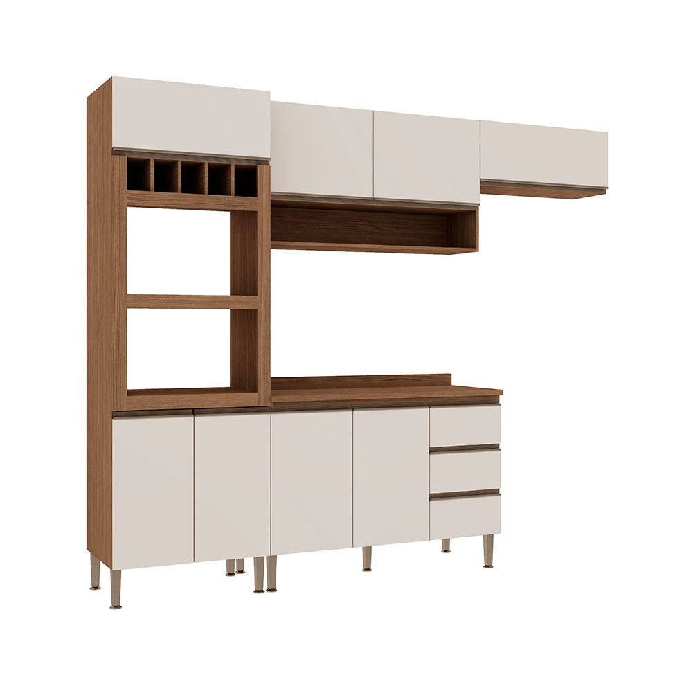 Cozinha Compacta com Tampo Conecta 8 Portas 3 Gavetas Ébano e Off White