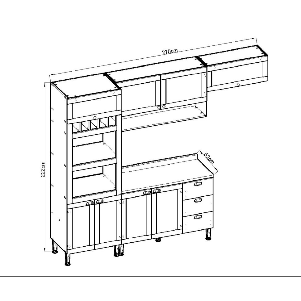 Cozinha Compacta com Tampo Conecta 8 Portas 3 Gavetas Ébano e Off White