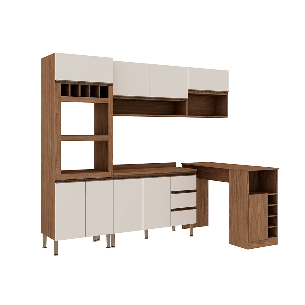 Cozinha Compacta com Tampo e Bancada Conecta 9 Portas 3 Gavetas Ébano e Off White