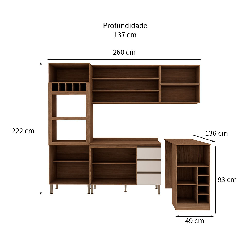 Cozinha Compacta com Tampo e Bancada Conecta 9 Portas 3 Gavetas Ébano e Off White