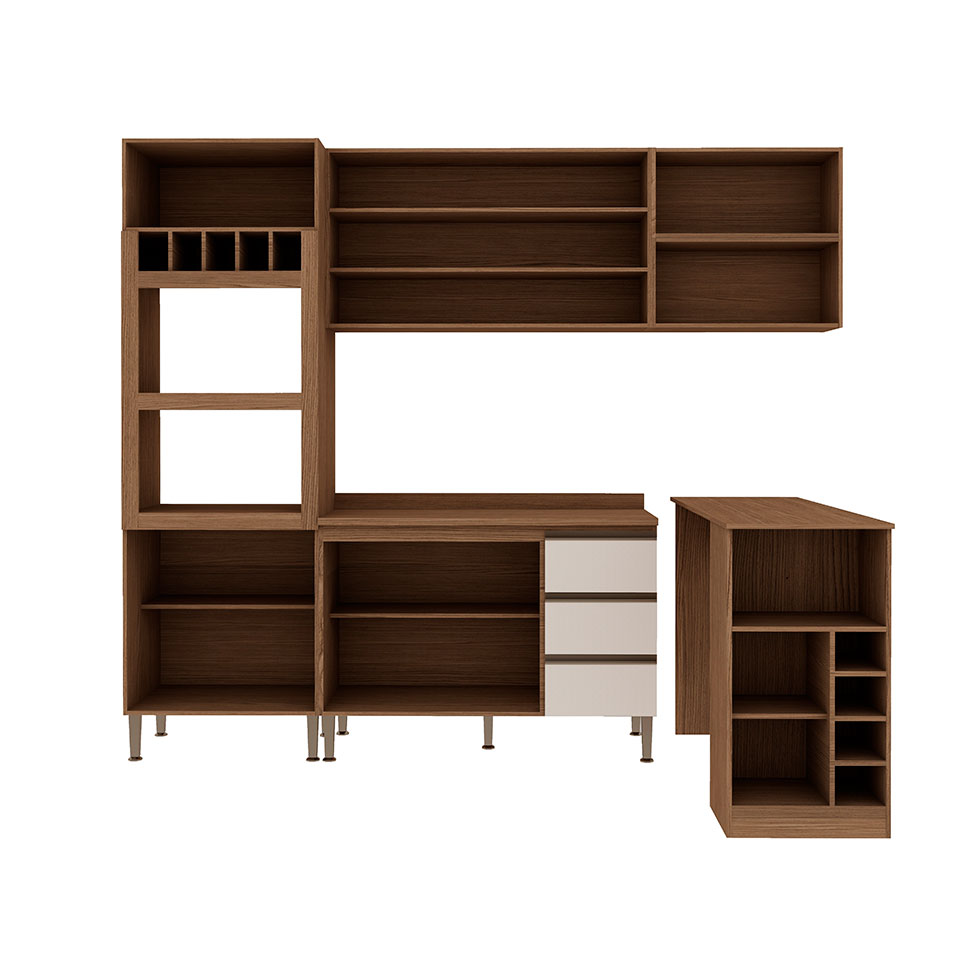 Cozinha Compacta com Tampo e Bancada Conecta 9 Portas 3 Gavetas Ébano e Off White