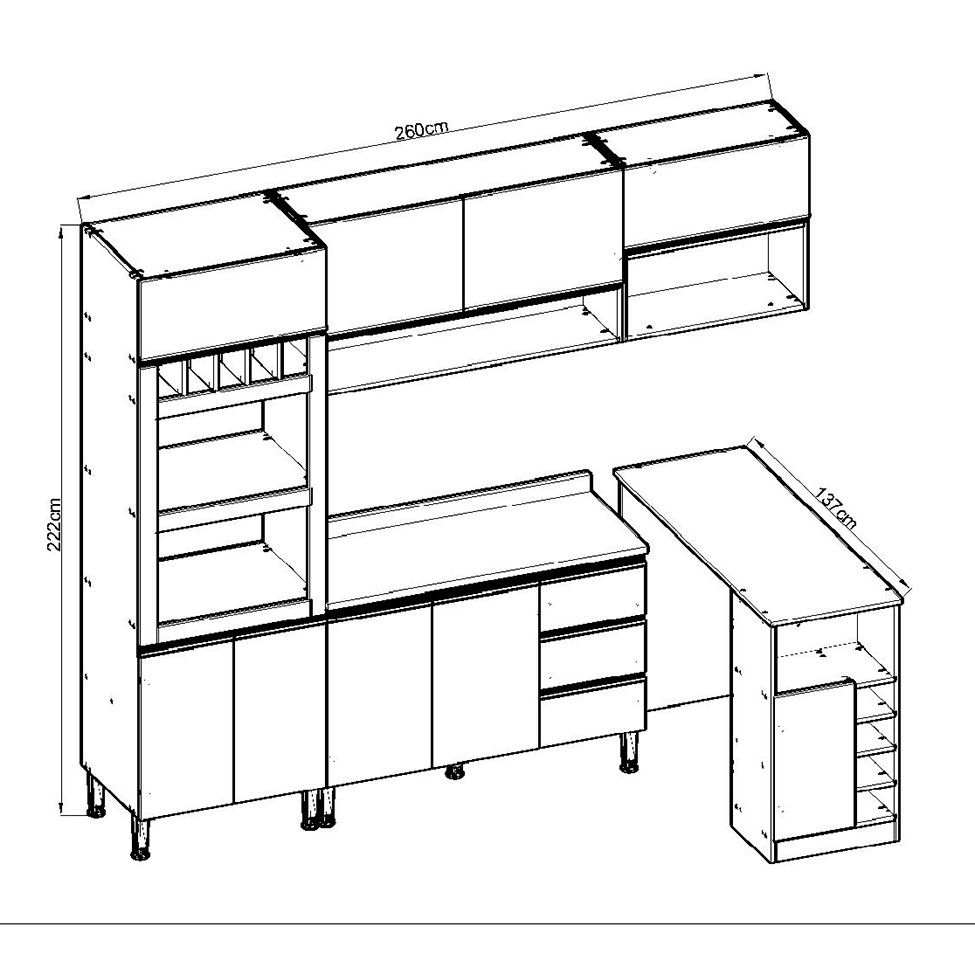Cozinha Compacta com Tampo e Bancada Conecta 9 Portas 3 Gavetas Ébano e Off White