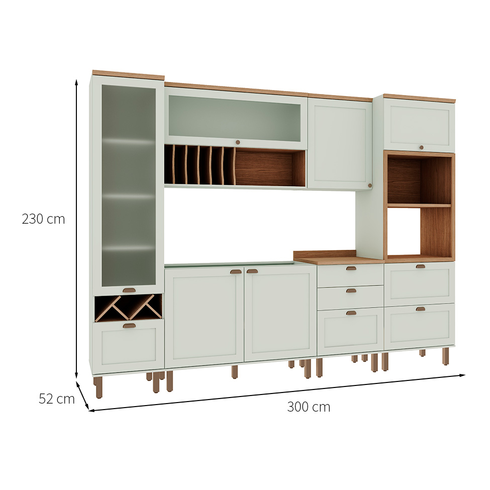 Cozinha Iluminata 7 Portas 5 Gavetas Verde Mint e Ébano