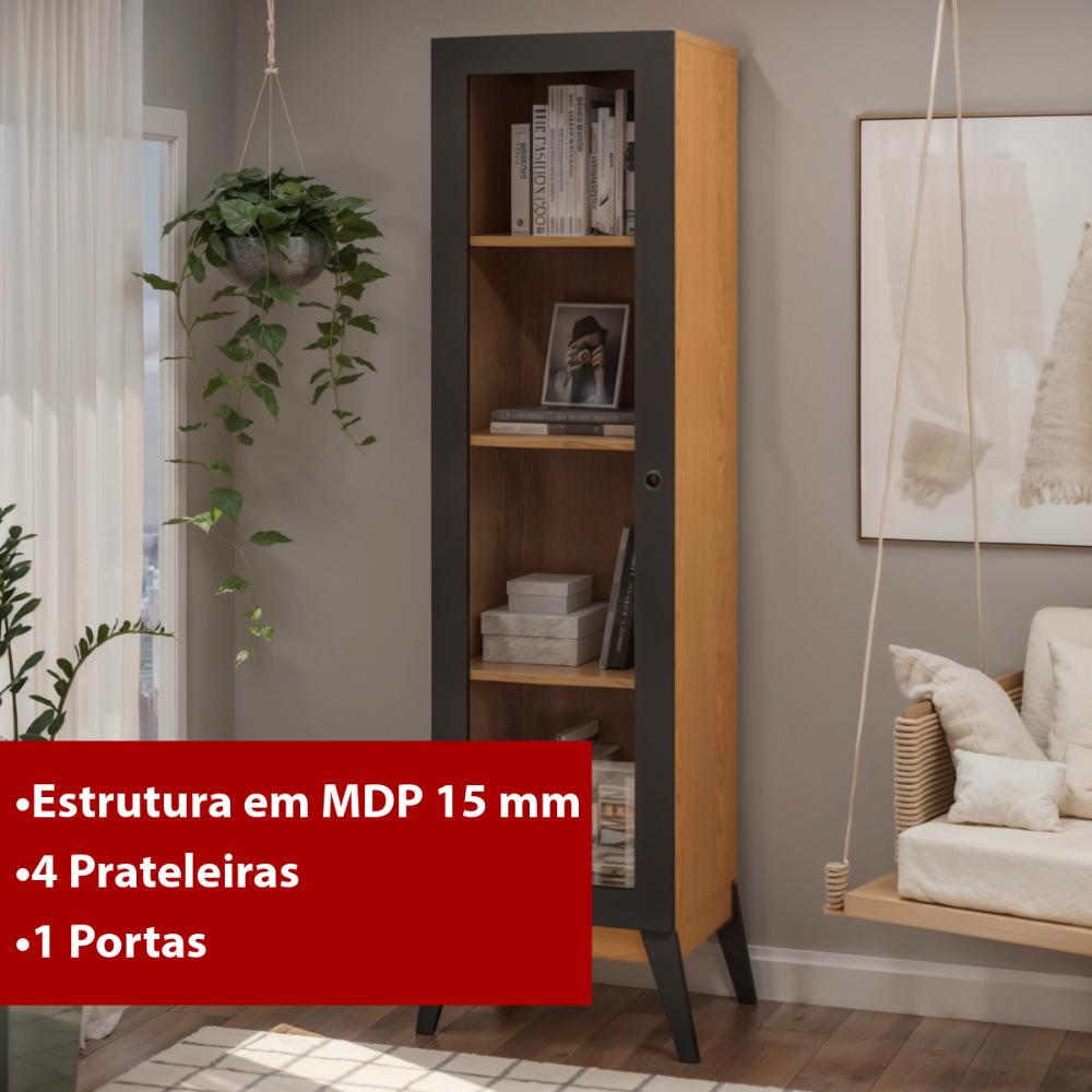 Estante Livros Genialflex Malta 1 Pt de Vidro Preto Cinamomo