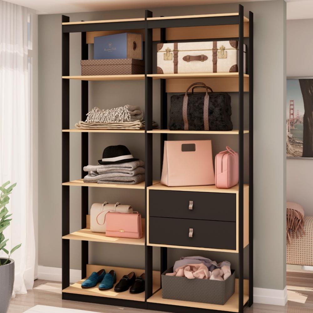 Guarda Roupa Closet Aberto Genialflex 2 Gavetas Freijó Preto