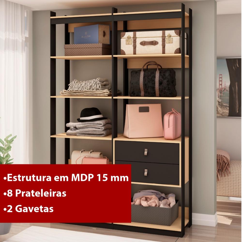 Guarda Roupa Closet Aberto Genialflex 2 Gavetas Freijó Preto