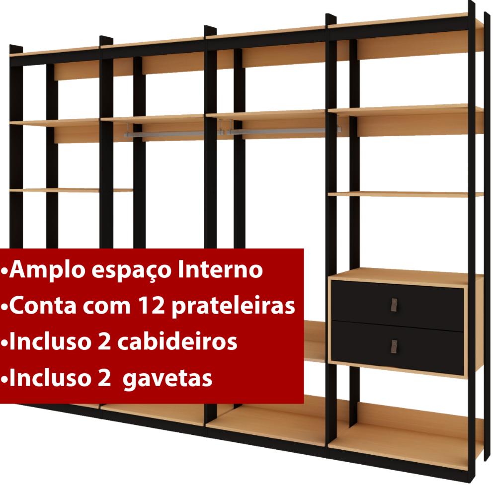Guarda Roupa Closet Modulado Genialflex Aberto Freijó Preto