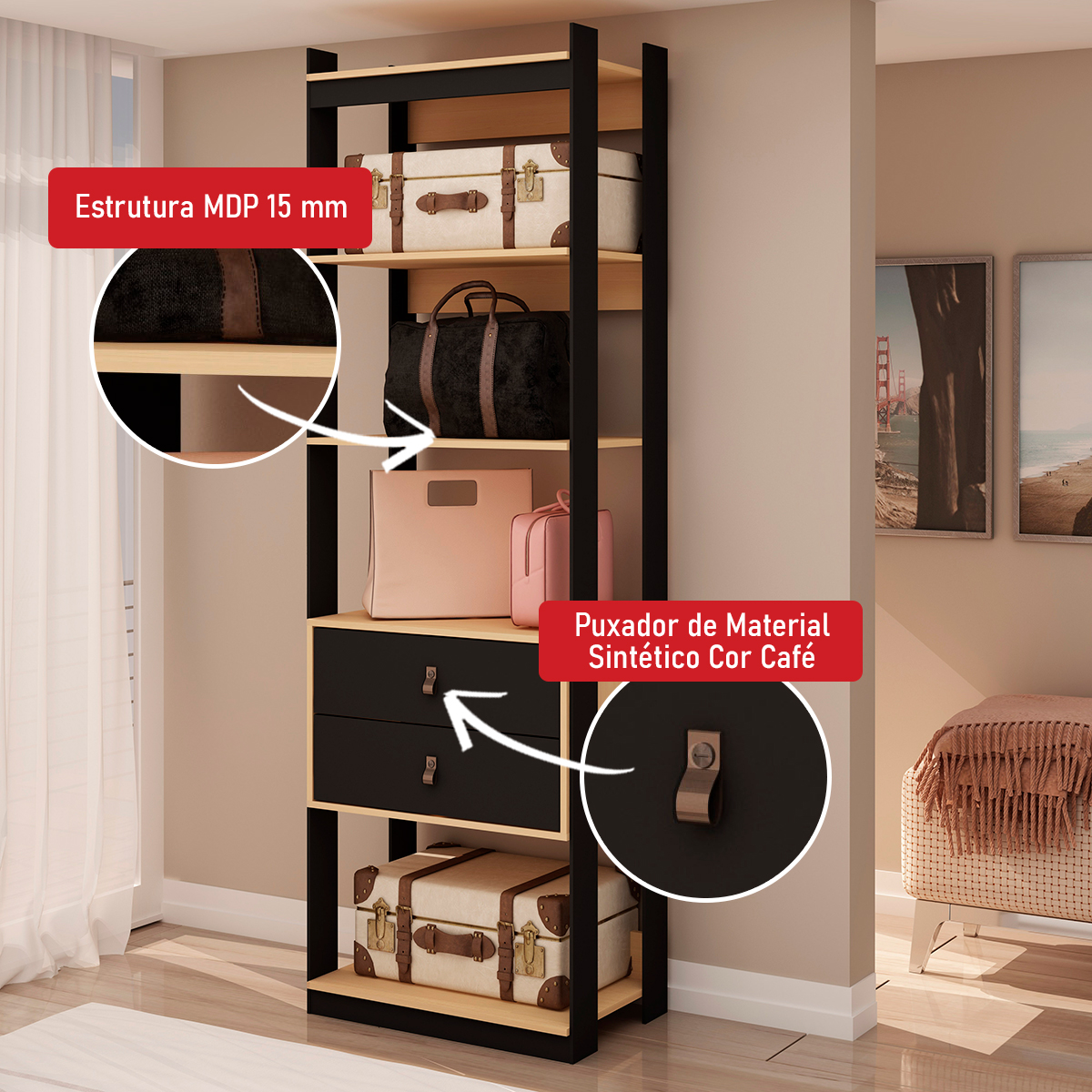 Guarda Roupa Genialflex Closet Modulado Aberto  2 Gavetas Freijó Preto Fosco