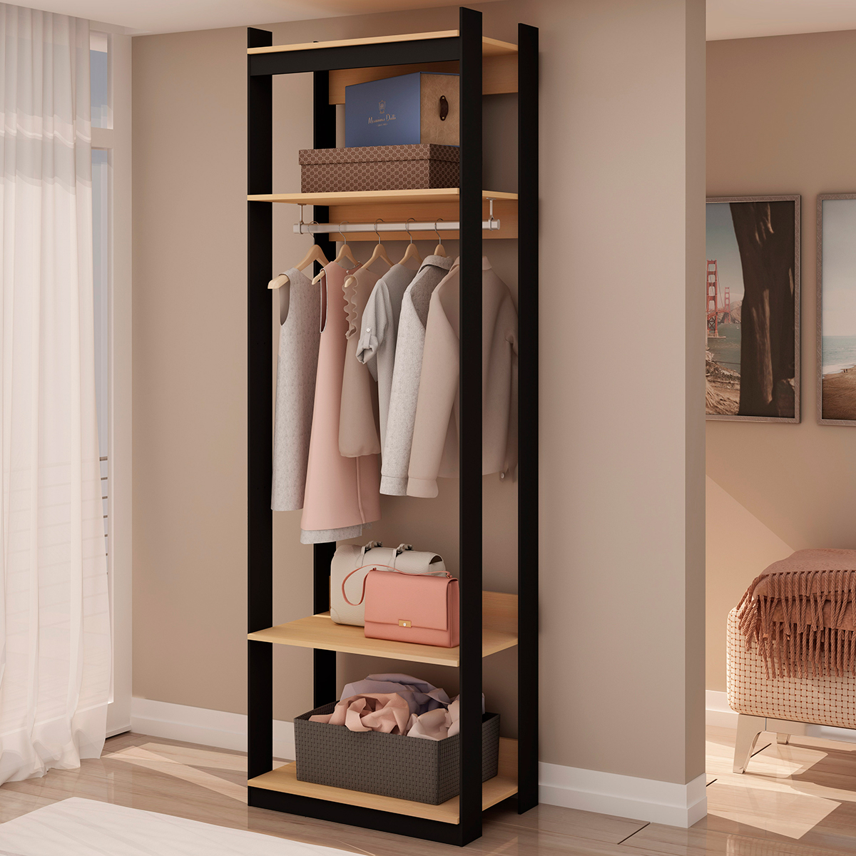 Guarda Roupa Genialflex Closet Modulado Aberto 1 Cabide Freijó Preto Fosco