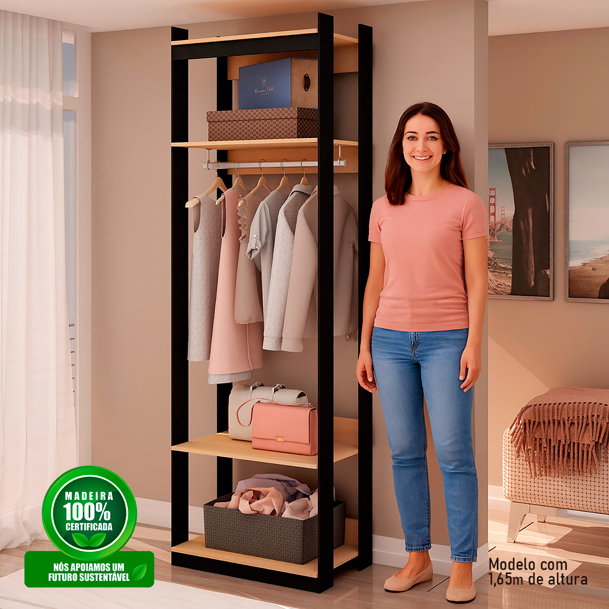 Guarda Roupa Genialflex Closet Modulado Aberto 1 Cabide Freijó Preto Fosco