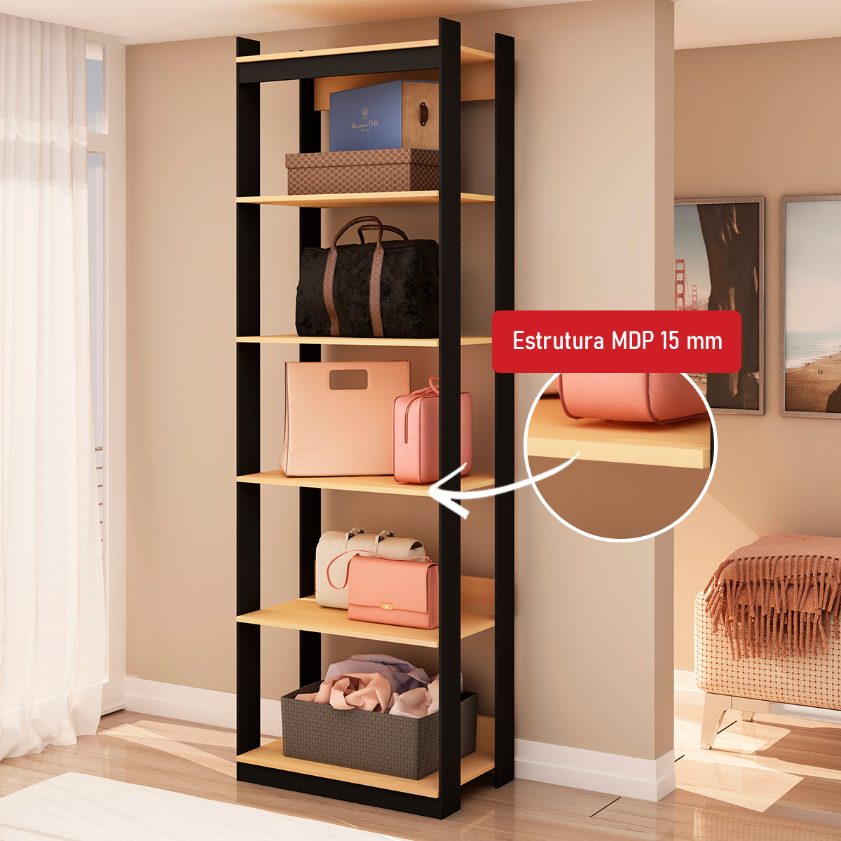 Guarda Roupa Genialflex Closet Modulado Aberto 5 Prateleiras Freijó Preto Fosco