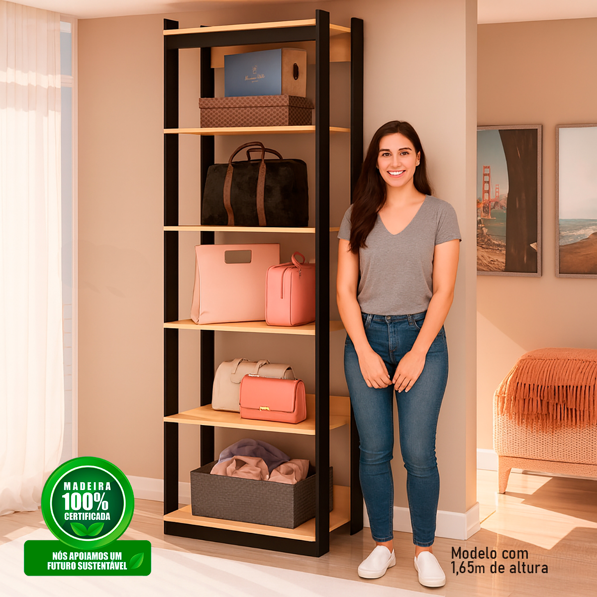 Guarda Roupa Genialflex Closet Modulado Aberto 5 Prateleiras Freijó Preto Fosco