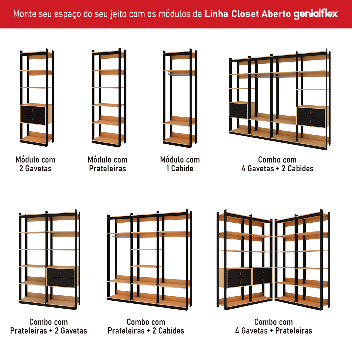 Guarda Roupa Genialflex Closet Modulado Aberto 5 Prateleiras Freijó Preto Fosco