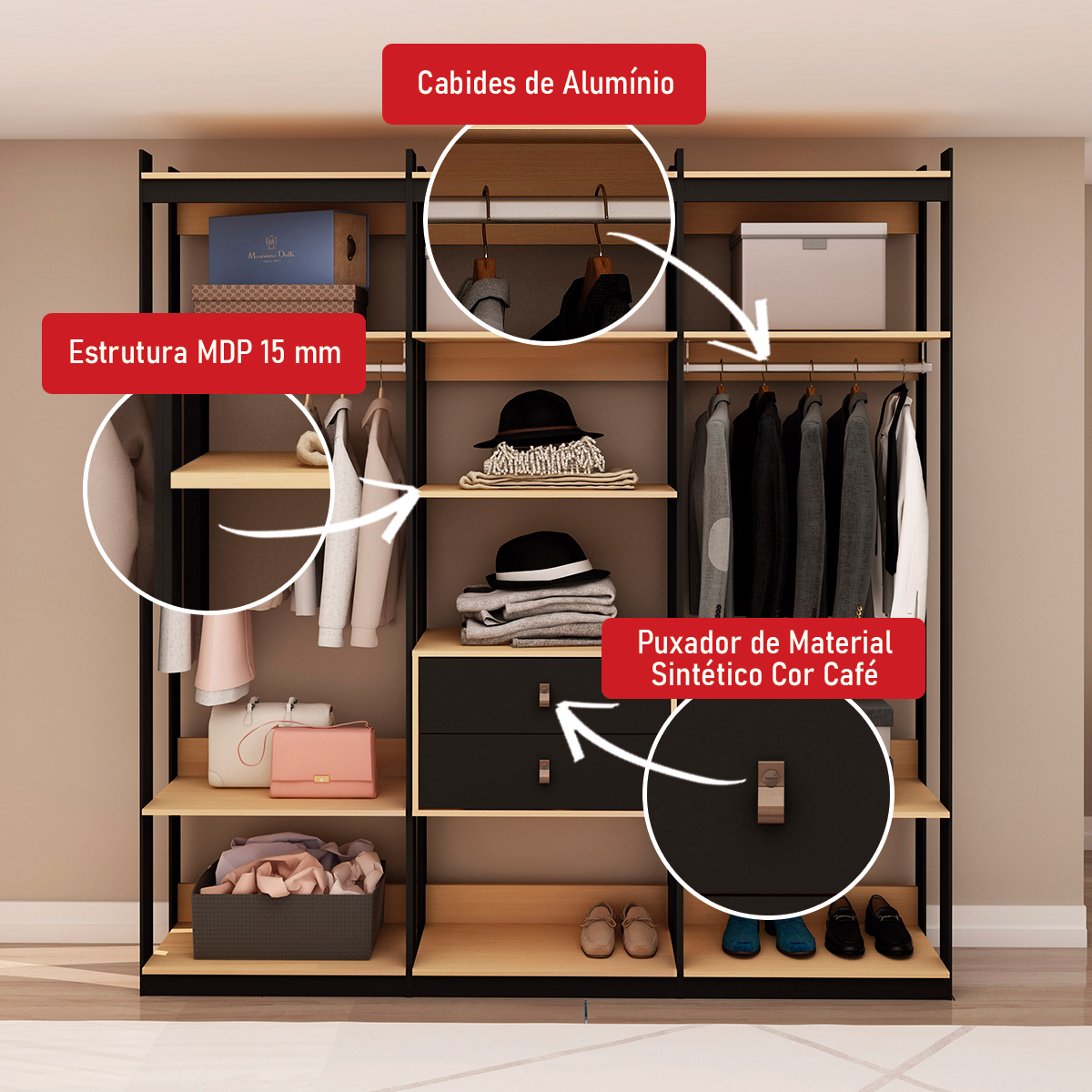 Guarda-roupas Genialflex Closet Mod 2 Cab 2 Gav Freijó Preto