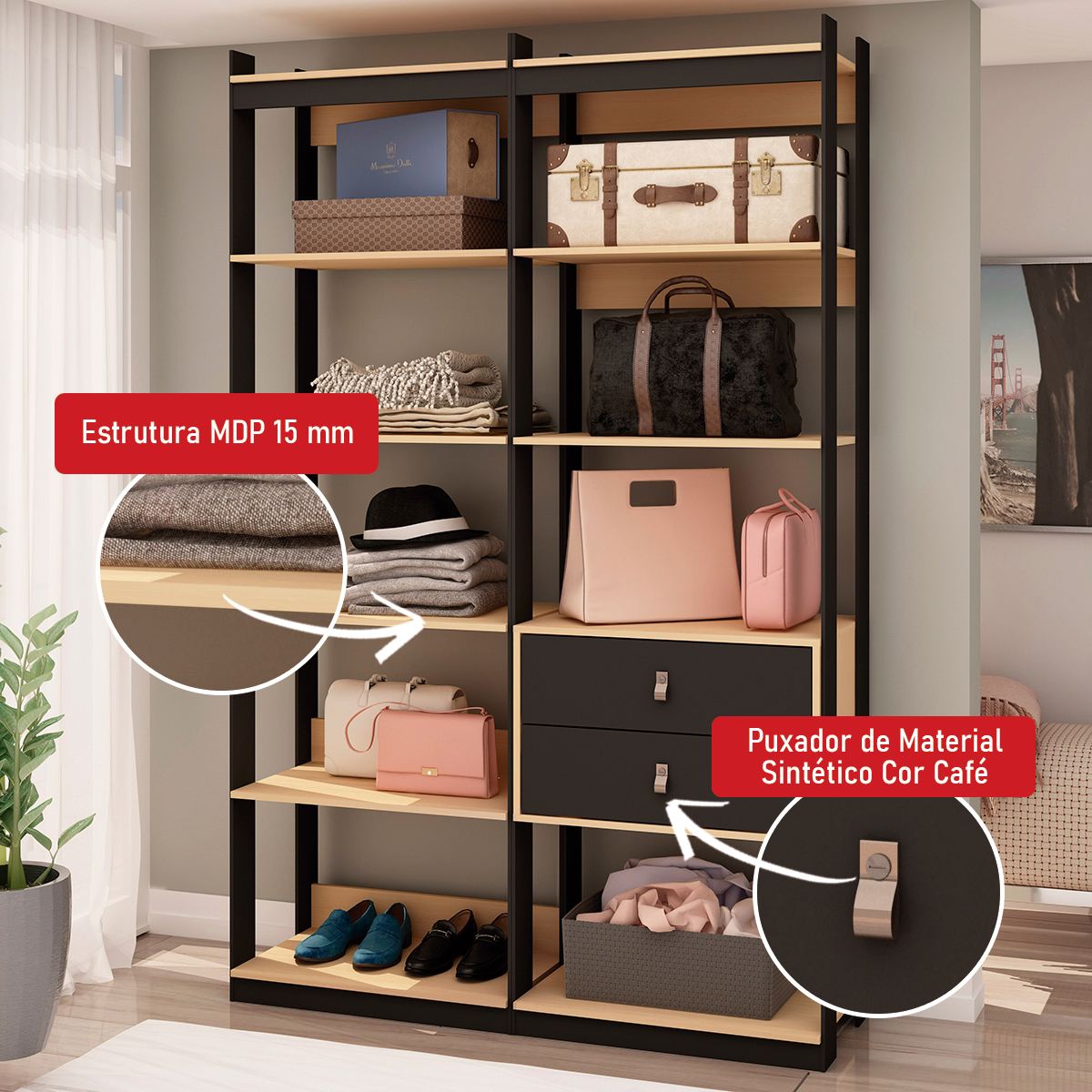 Guarda-roupas Genialflex Closet Mod 2 Gav Freijó Preto Fosco