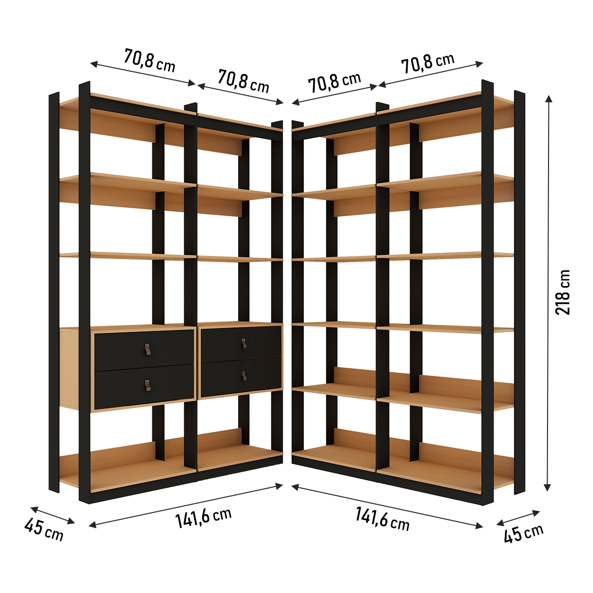 Guarda-roupas Genialflex Closet Modulado 4 Gavetas mais Prateleiras Freijó Preto Fosco