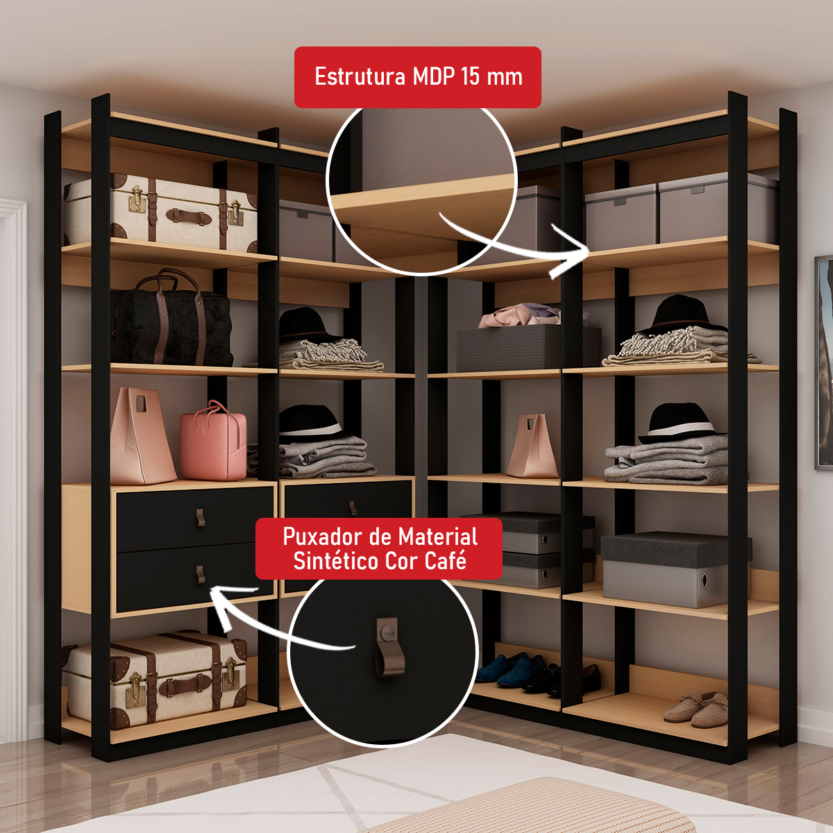 Guarda-roupas Genialflex Closet Modulado 4 Gavetas mais Prateleiras Freijó Preto Fosco