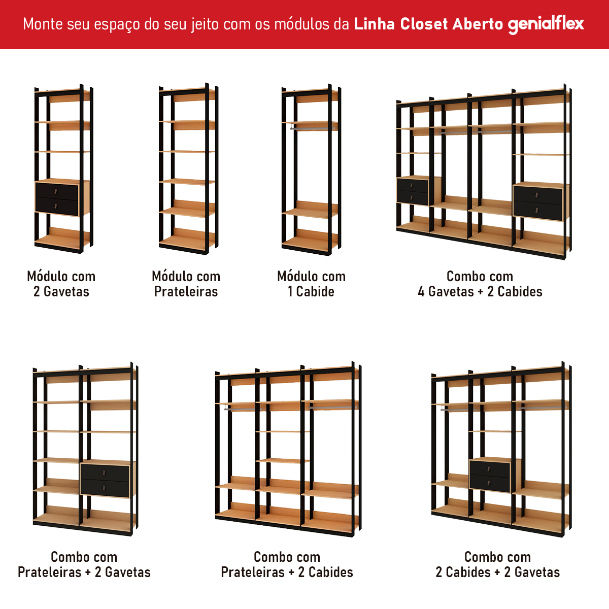 Guarda-roupas Genialflex Closet Modulado 4 Gavetas mais Prateleiras Freijó Preto Fosco