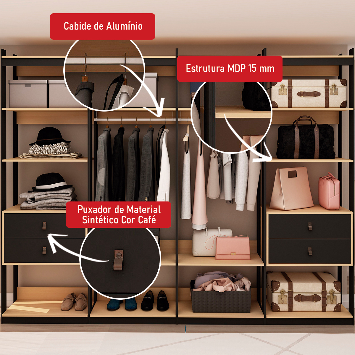 Guarda-roupas Genialflex Closet Modulado Freijó Preto Fosco