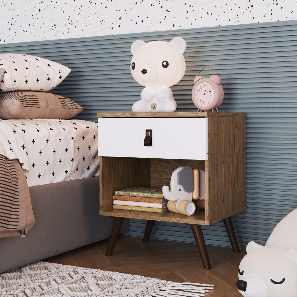 Mesa De Cabeceira Com 1 Gaveta Corsa Ebano Frente Branco Puxadores em Couro