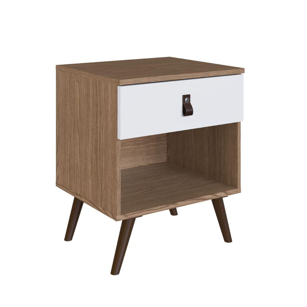 Mesa De Cabeceira Com 1 Gaveta Corsa Ebano Frente Branco Puxadores em Couro