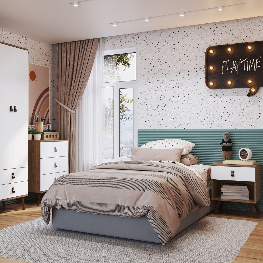 Mesa De Cabeceira Com 1 Gaveta Corsa Ebano Frente Branco Puxadores em Couro