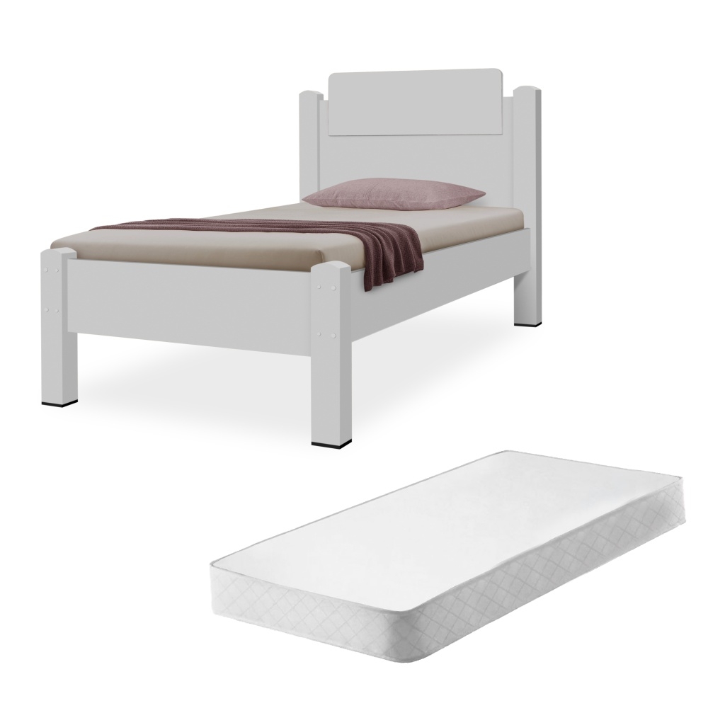 Cama de Solteiro Ryan Branco com Colchão
