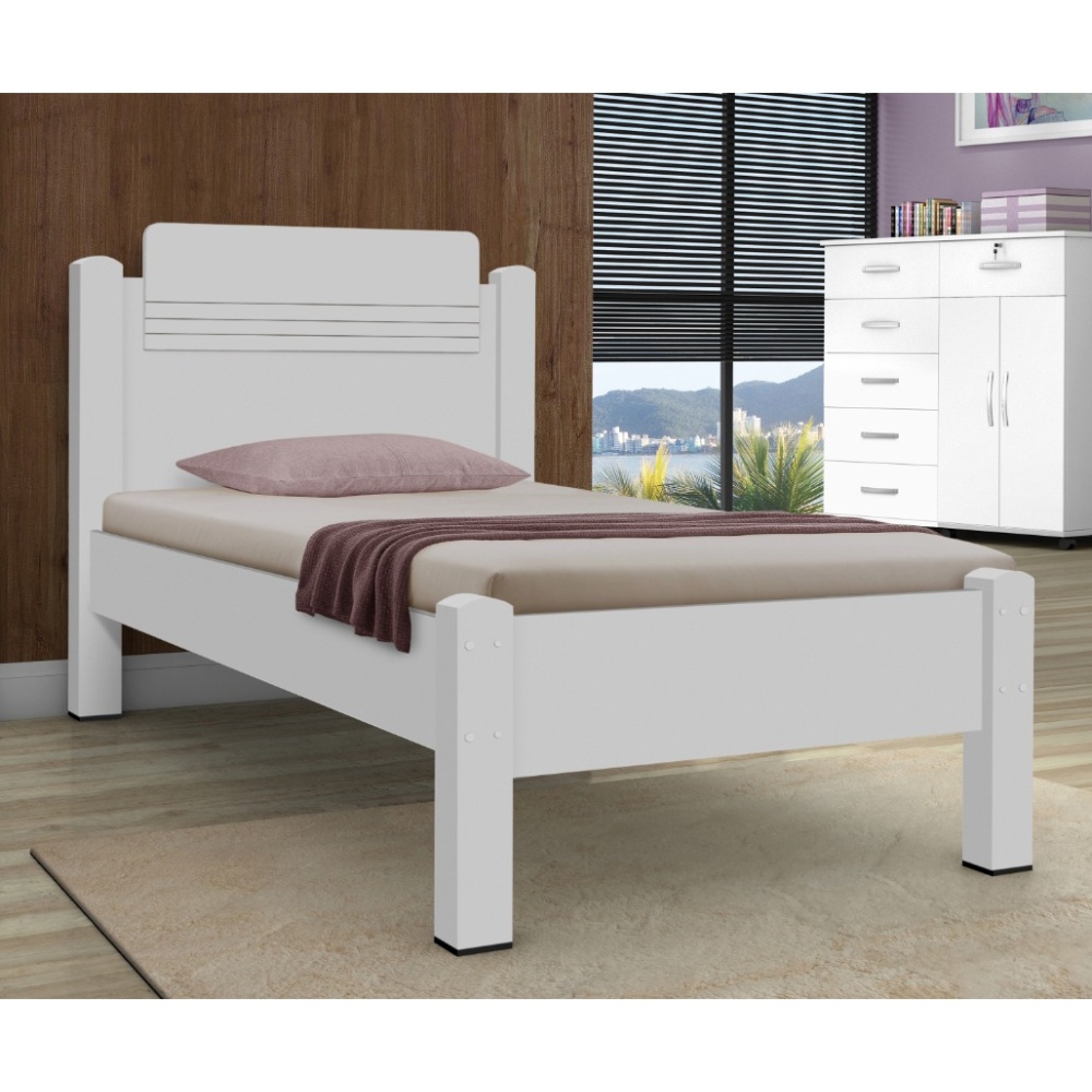 Cama de Solteiro Ryan Branco com Colchão