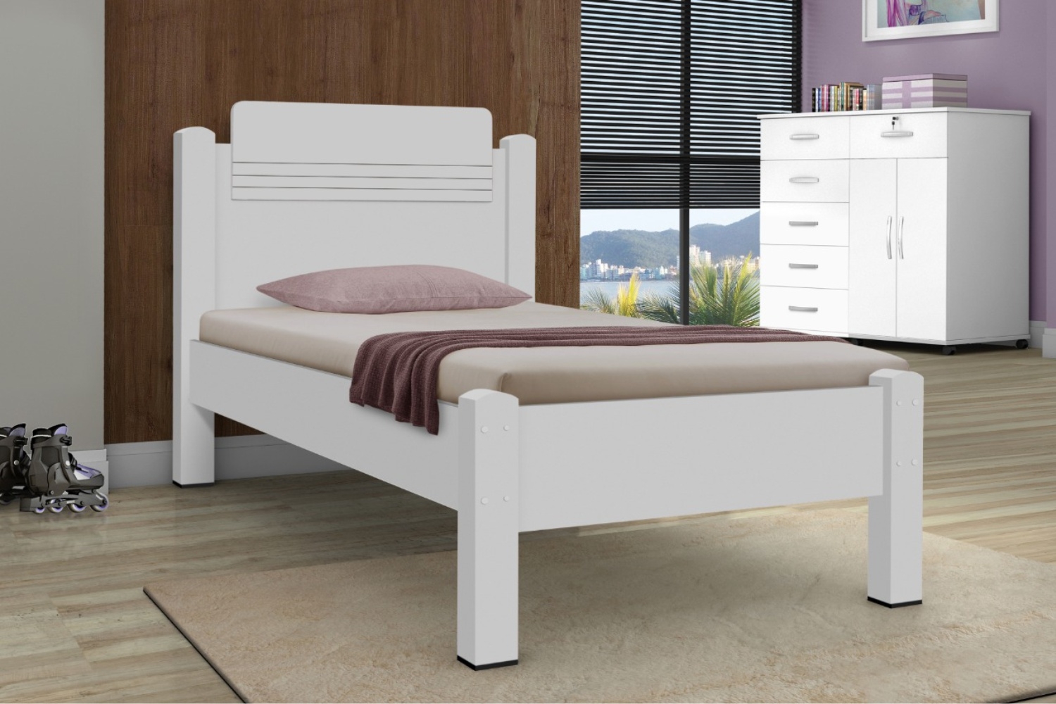 Cama de Solteiro Ryan Branco com Colchão
