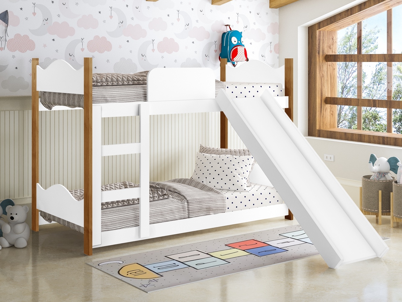 Mini Beliche Infantil Arthur Branco com Escorregador e Colchões