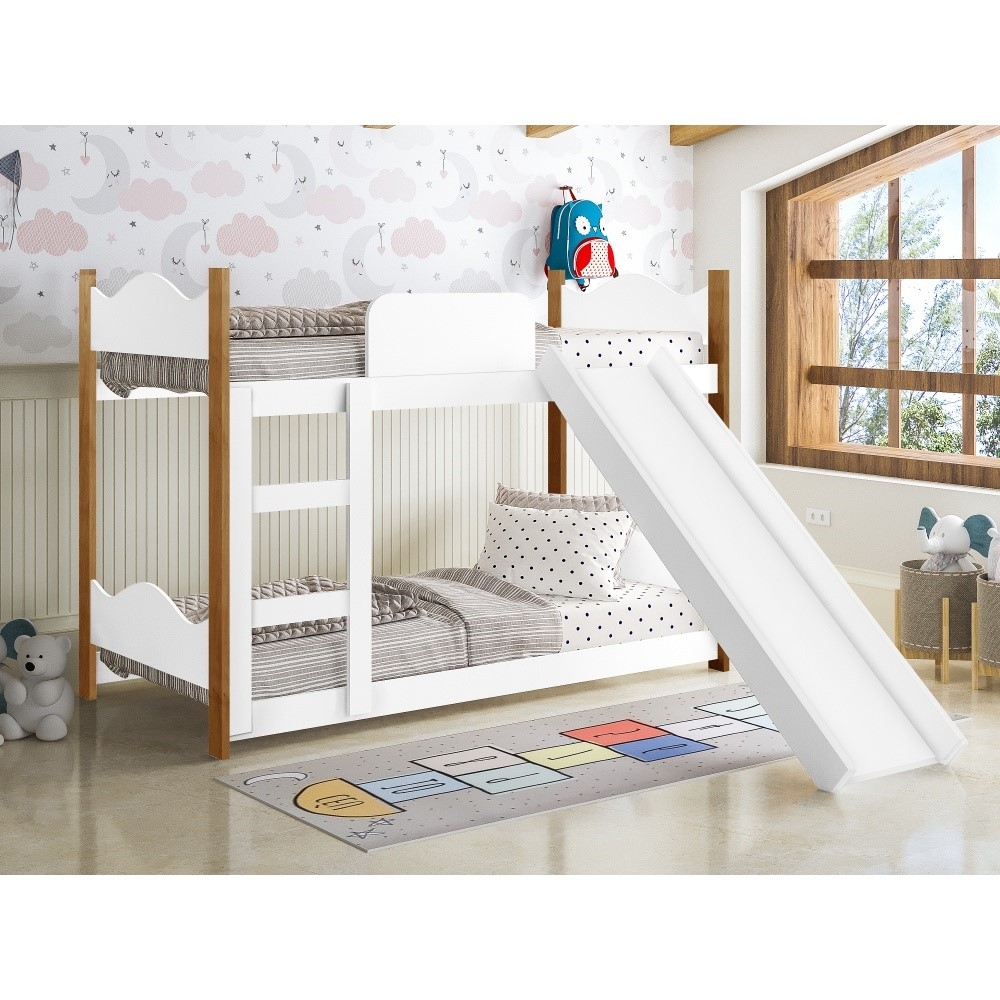 Mini Beliche Infantil Arthur Branco com Escorregador e Colchões