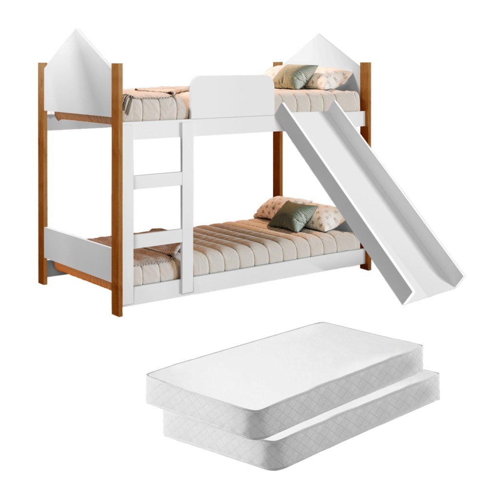 Mini Beliche Infantil Casa Samuel Branco Escorregador e Colchões
