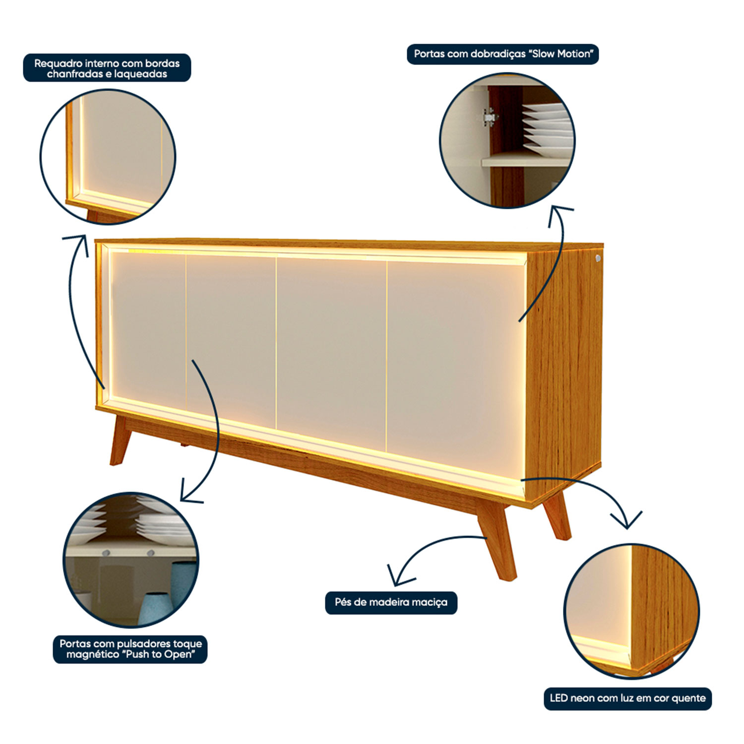 Buffet com Led Requinte 1.6 Naturale com Off White - Gelius Móveis
