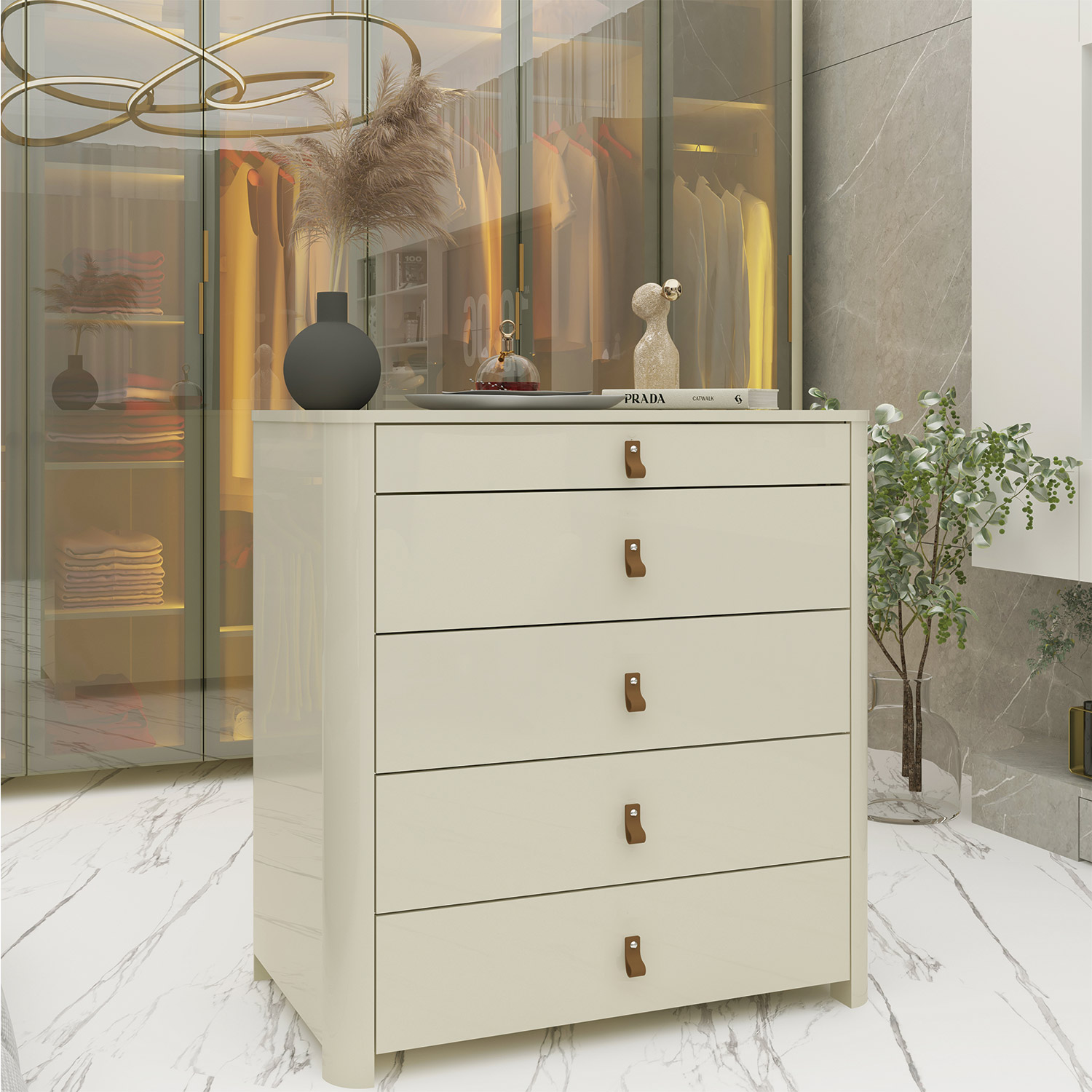 Comoda Innova com Pes e 5 Gavetas com Organizador Off White - GELIUS