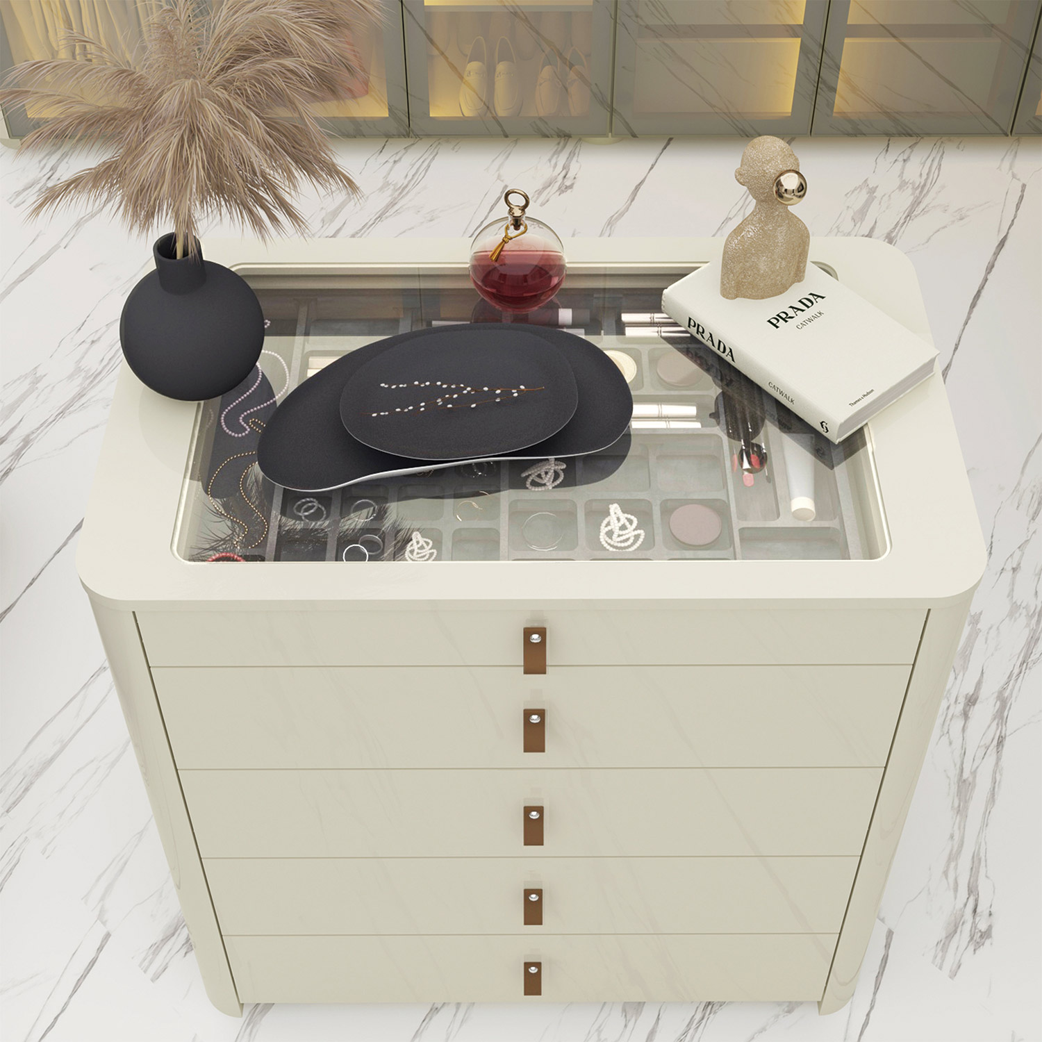 Comoda Innova com Pes e 5 Gavetas com Organizador Off White - GELIUS