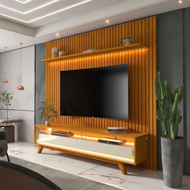 Conjunto Nobre Painel Ripado para TV até 75 polegadas com Rack e Led 3 Gavetas Luxuoso 1,85x2,50 mt