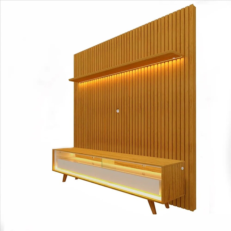 Conjunto Nobre Painel Ripado para TV até 75 polegadas com Rack e Led 3 Gavetas Luxuoso 1,85x2,50 mt