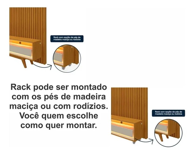 Conjunto Nobre Painel Ripado para TV até 75 polegadas com Rack e Led 3 Gavetas Luxuoso 1,85x2,50 mt