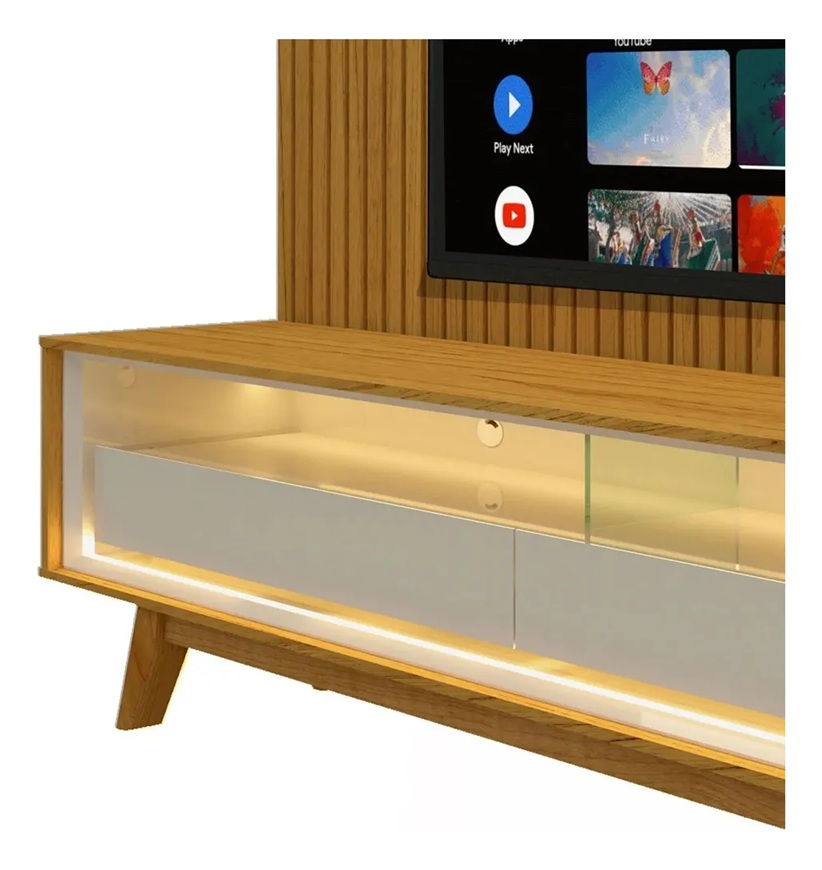 Conjunto Nobre Painel Ripado para TV até 75 polegadas com Rack e Led 3 Gavetas Luxuoso 1,85x2,50 mt