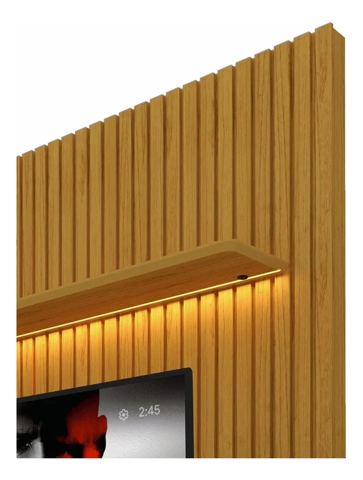 Conjunto Nobre Painel Ripado para TV até 75 polegadas com Rack e Led 3 Gavetas Luxuoso 1,85x2,50 mt